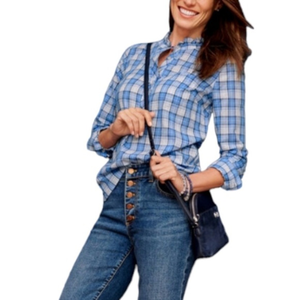 Talbots Blue White‎ Plaid Ruffle Neck Cotton Dobby Tunic Blouse Top Womens